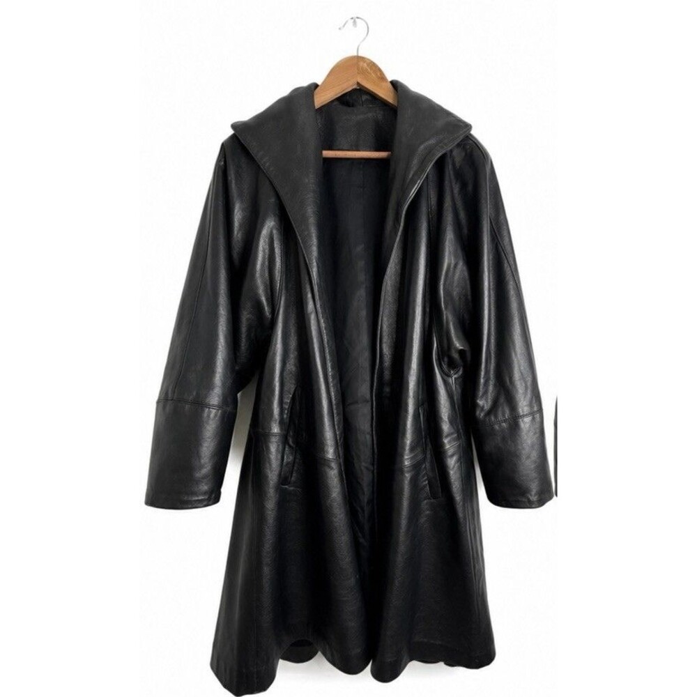 Vintage Black Genuine Leather Oversized Swing Coat Jacket XS Minimalist